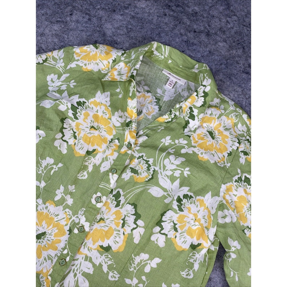JM Collection Women's 10 Floral Linen Button Up Green/Yellow Blouse Tie Sleeve